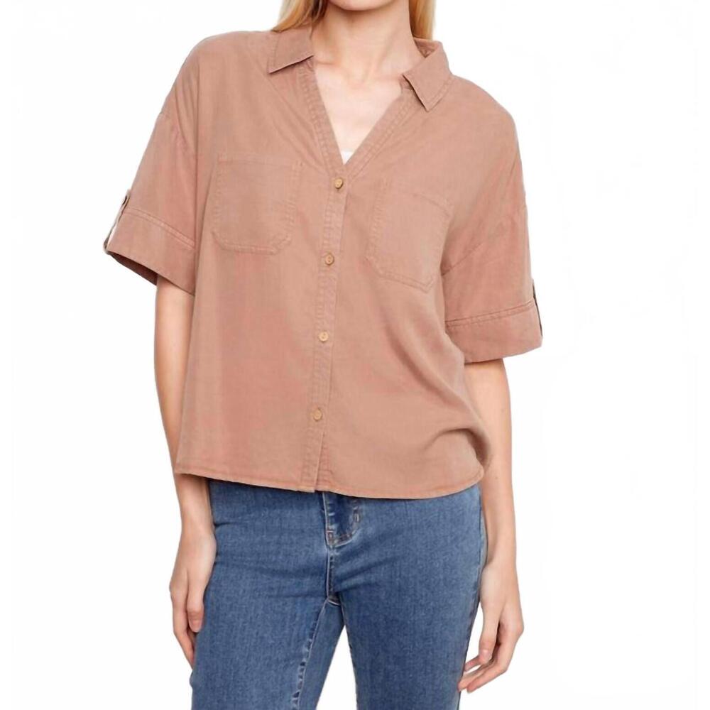 NEW CHARLIE B short sleeve button-front tencel shirt top in desert